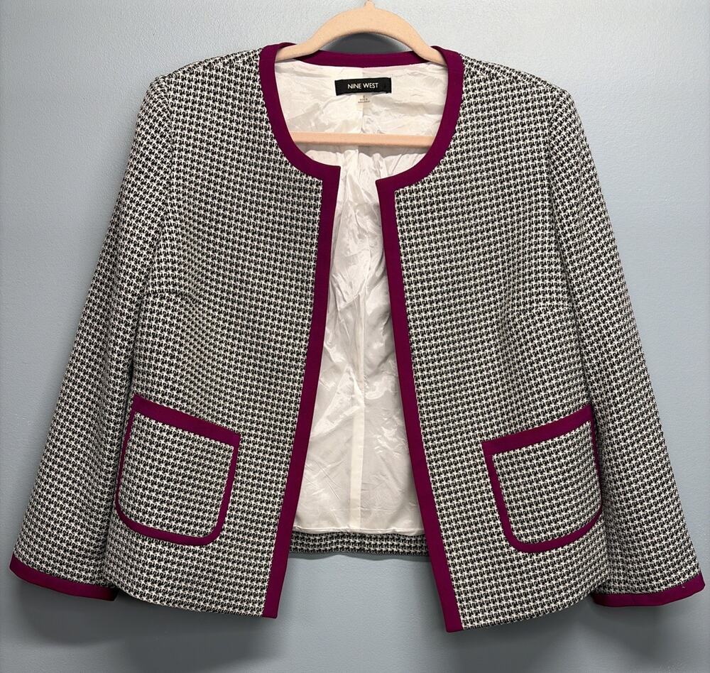 Nine West Houndstooth Blazer/Jacket - Fuchsia Trim Open Front/Pockets - Size 8